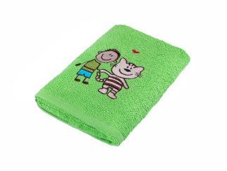 Dětský froté ručník LILI 30x50 cm zelený - vzor kluk s kočkou