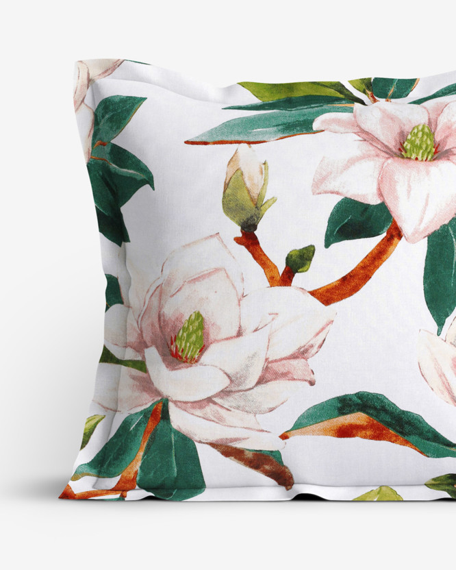 Bavlněný povlak na polštář s ozdobným lemem - magnolie s listy
