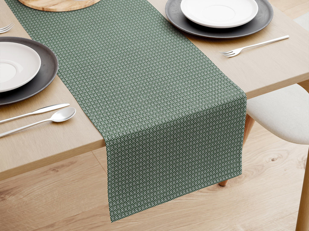 Běhoun na stůl 100% bavlněné plátno - geometrické tvary na tmavě zeleném