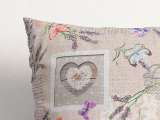 Dekorační povlak na polštář Loneta - srdce s motýly a levandulemi