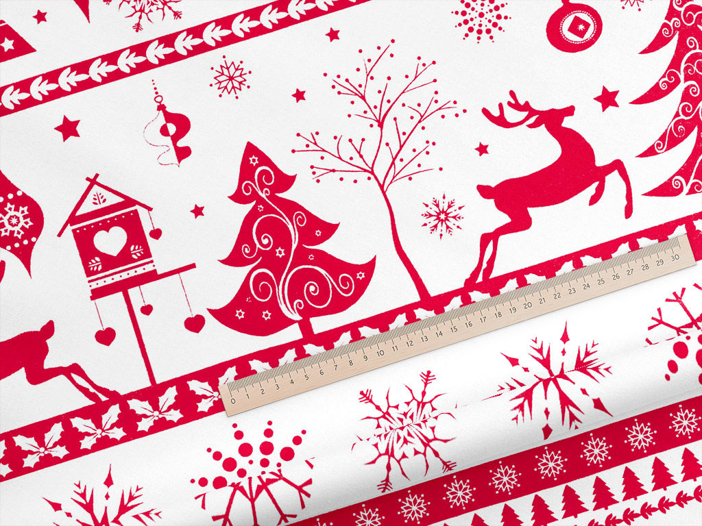 Bavlněné plátno - červené vánoční symboly na bílém