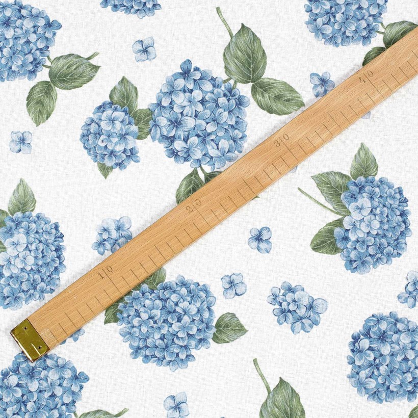 Dekorační látka Loneta - modré květy hortenzie