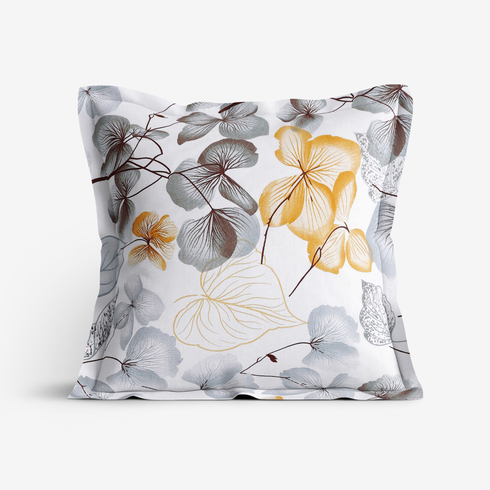 Bavlněný povlak na polštář s ozdobným lemem - šedo-hnědé květy s listy