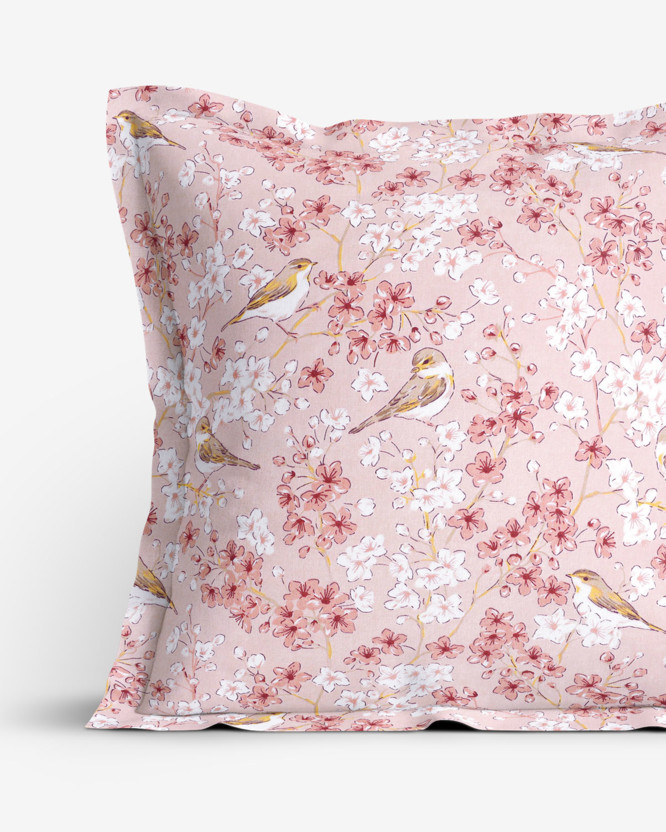 Bavlněný povlak na polštář s ozdobným lemem - ptáčci v růžové zahradě