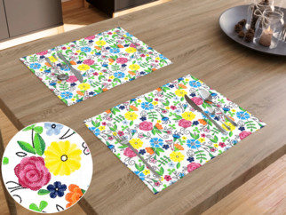 Bavlněné prostírání na stůl - vzor barevné květiny na bílém - sada 2ks