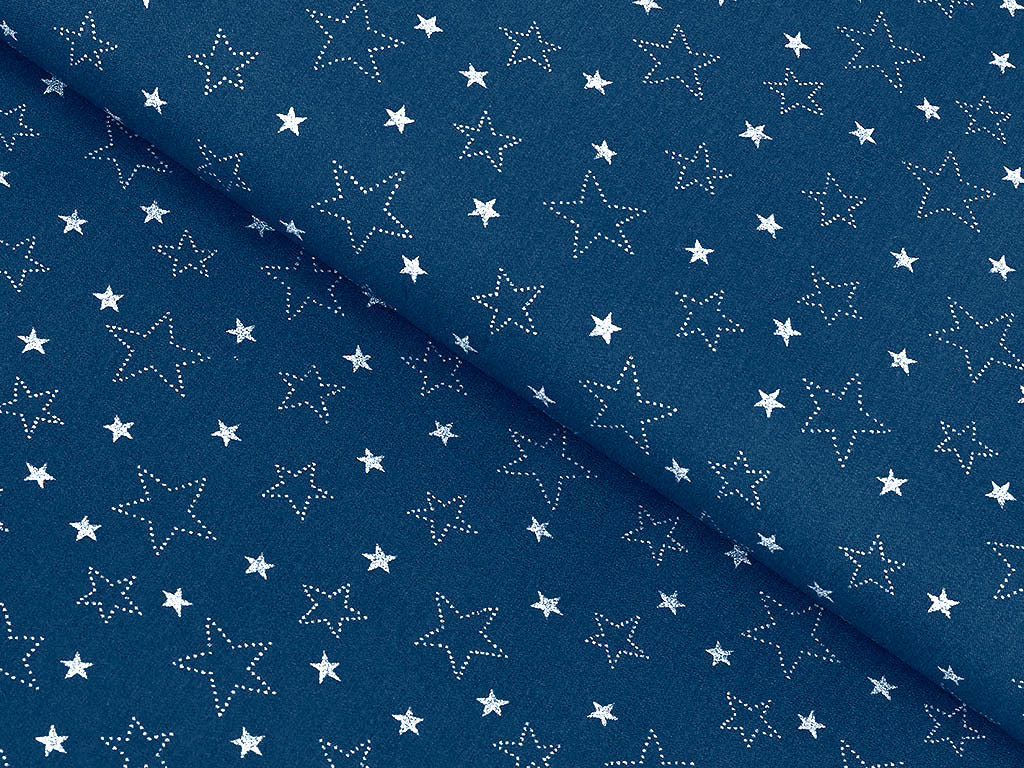 Bavlněné plátno - bílé hvězdičky na modrém