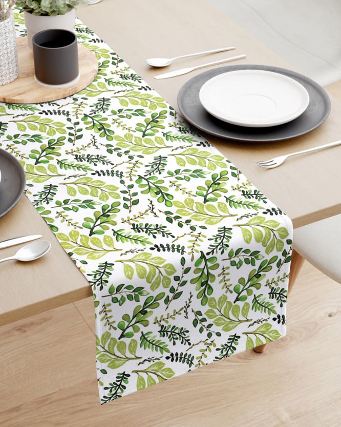 Běhoun na stůl 100% bavlněné plátno - zelené lístečky