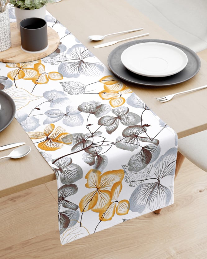 Běhoun na stůl 100% bavlněné plátno - šedo-hnědé květy s listy