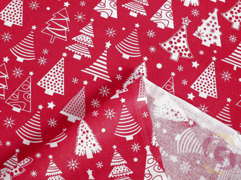 Bavlněná látka vánoční vzor stromečky na červeném - detail 2