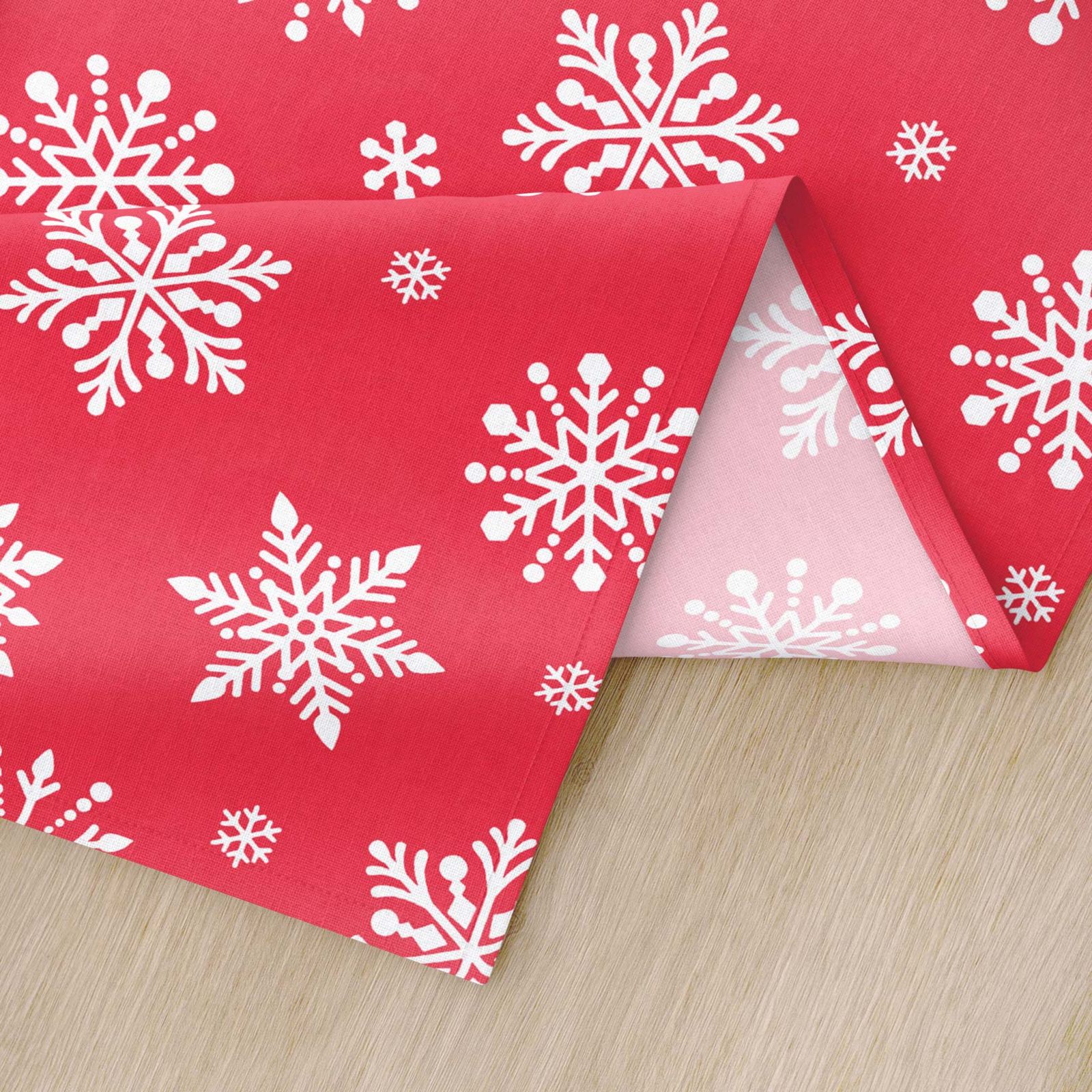 Vánoční prostírání na stůl 100% bavlněné plátno - vločky na zářivě červeném - sada 2ks