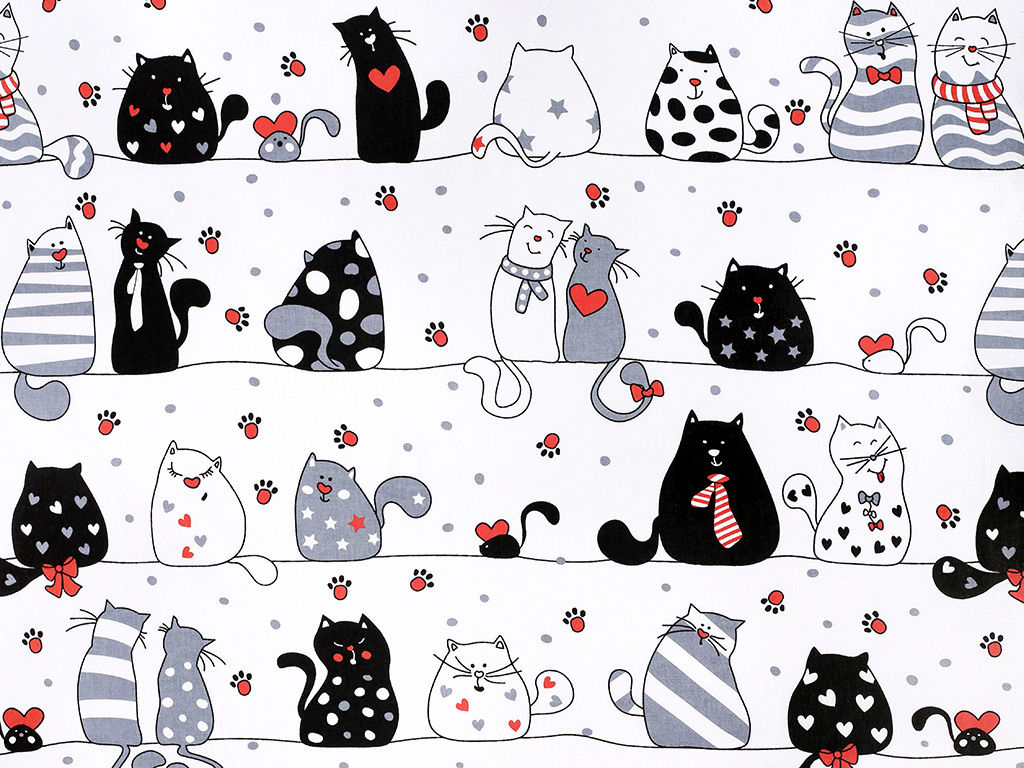 Bavlněné plátno - komické kočky na bílém