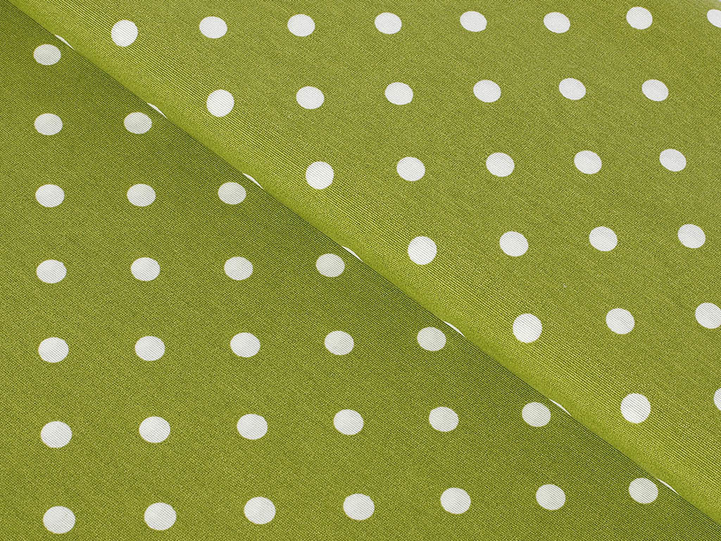 Dekorační látka Loneta - bílé puntíky na olivově zeleném