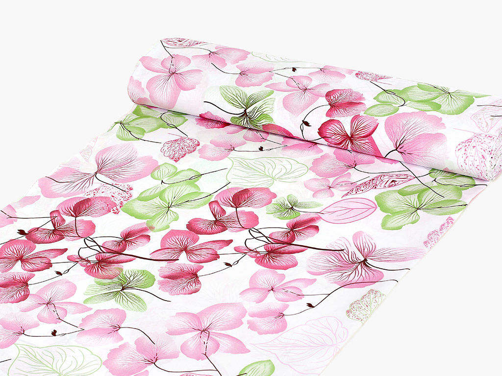 Bavlněné plátno - růžovo-zelené květy s listy