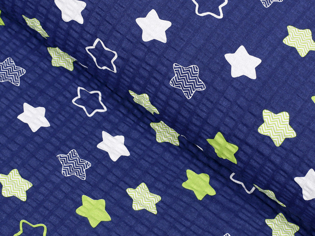 Bavlněný krep - hvězdy na tmavě modrém