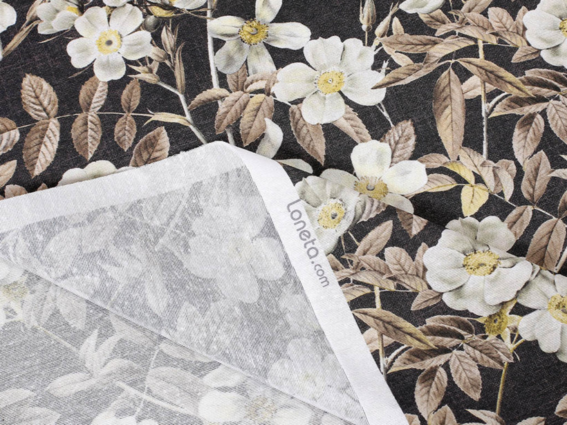 Dekorační látka Loneta - květy na černém