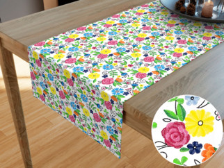 Bavlněný běhoun na stůl - vzor barevné květiny na bílém