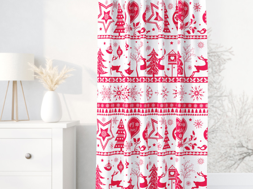 Vánoční bavlněný závěs - červené vánoční symboly na bílém