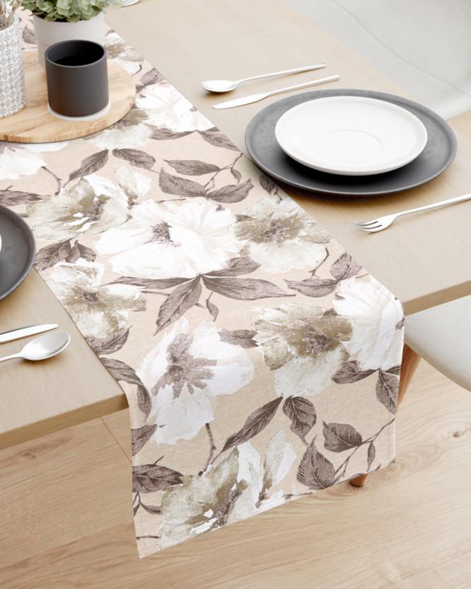 Běhoun na stůl Loneta - bílé a hnědé květy s listy