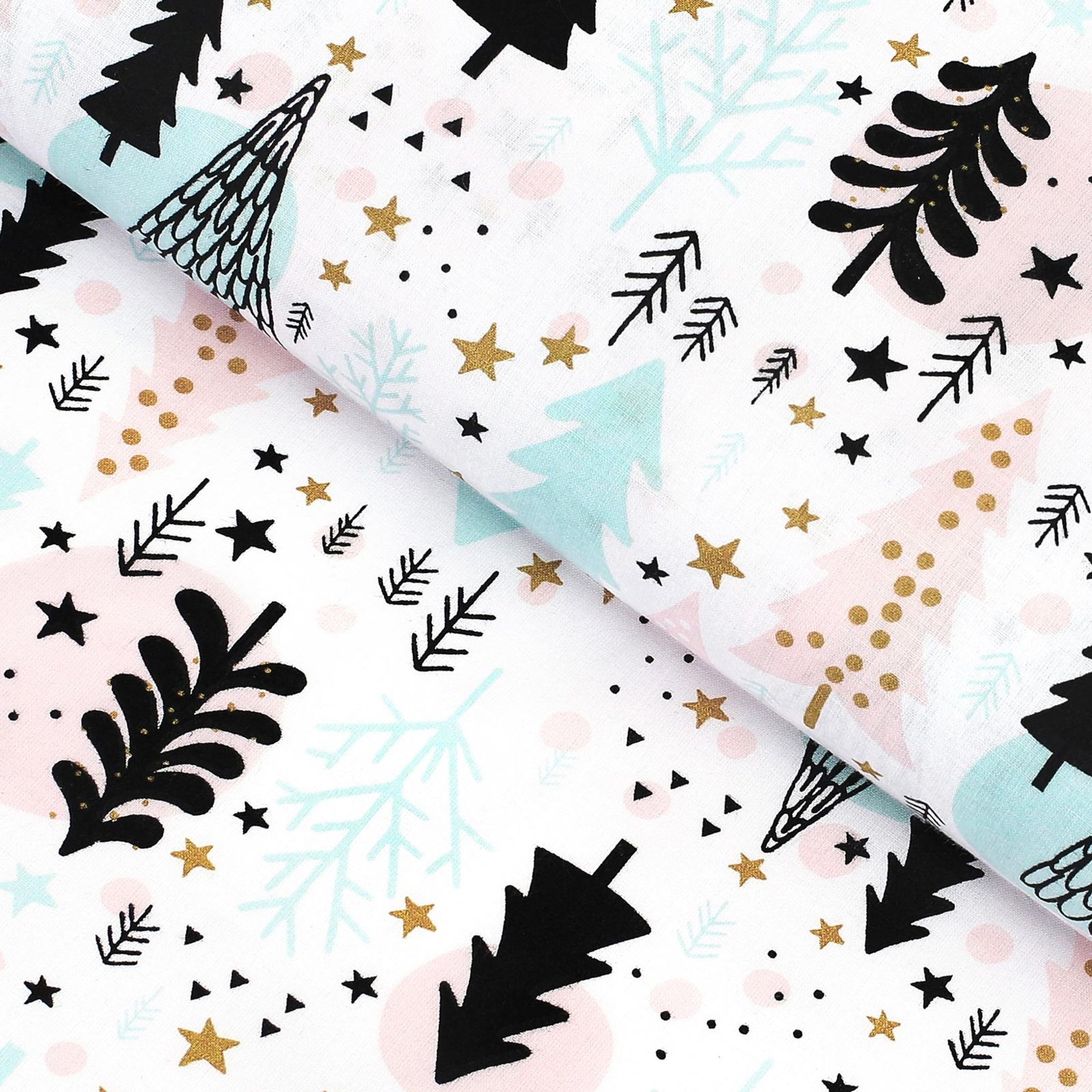 Vánoční bavlněné plátno - barevné stromečky s hvězdičkami