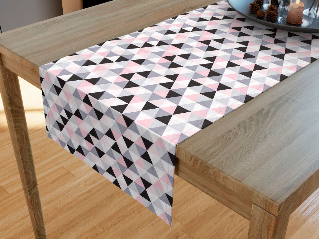 Běhoun na stůl 100% bavlněné plátno - růžové a šedé trojúhelníky