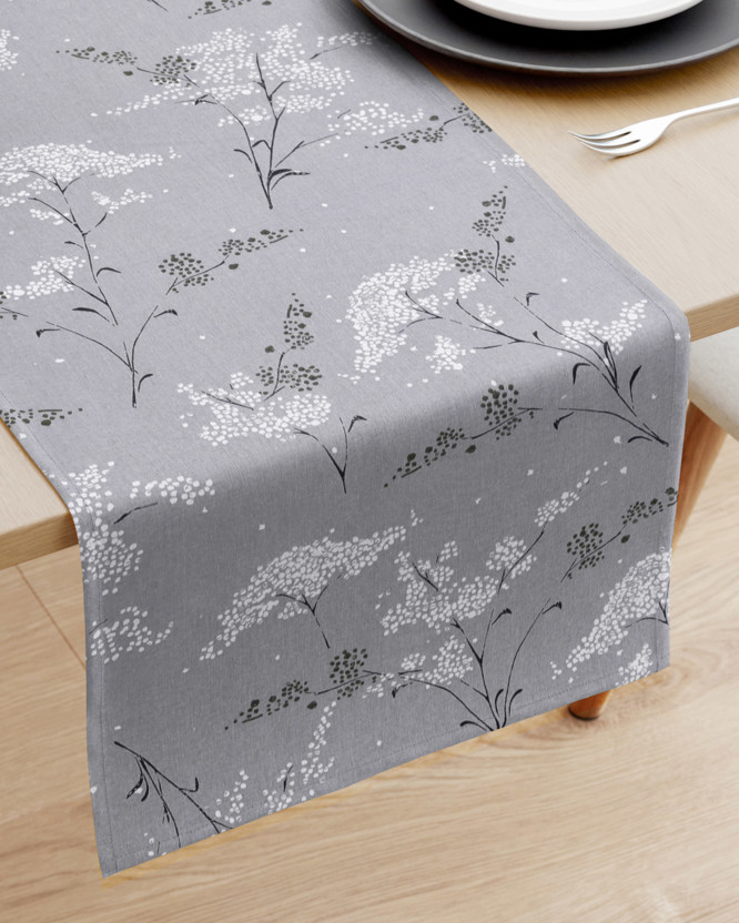 Běhoun na stůl 100% bavlněné plátno - japonské květy na šedém