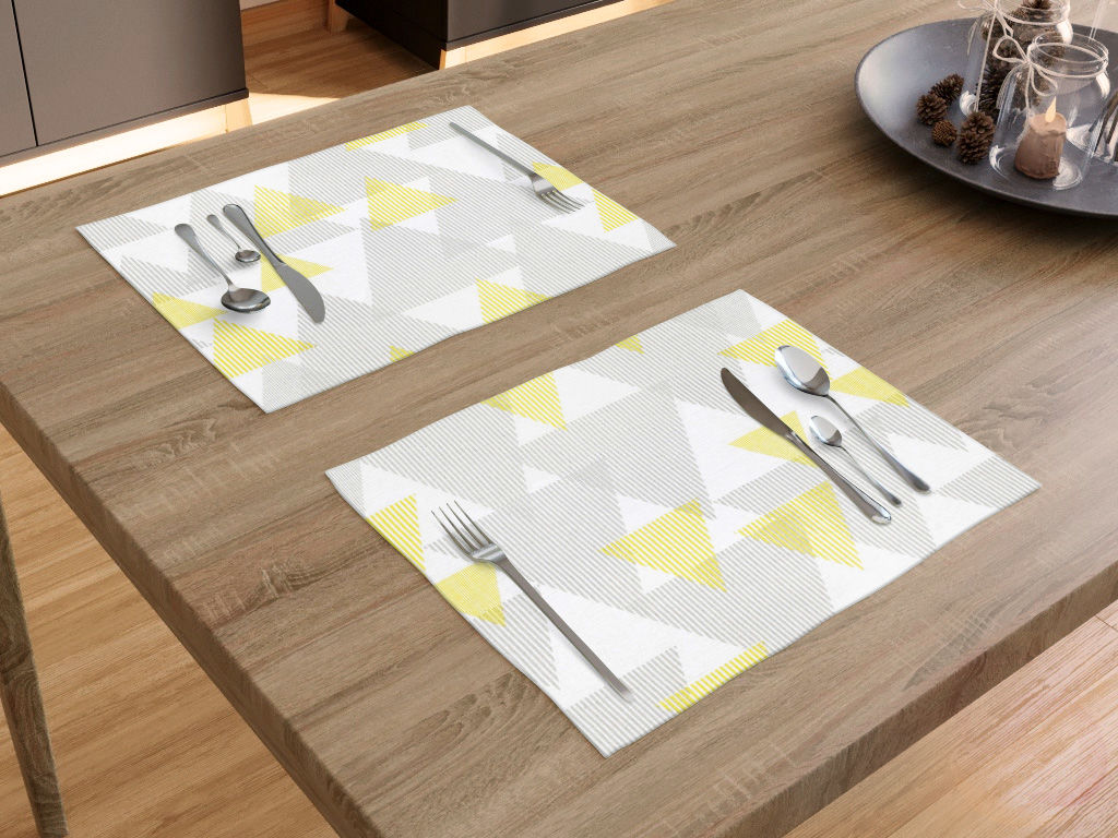 Prostírání na stůl Loneta - šedé a žluté proužkované trojúhelníky - sada 2ks