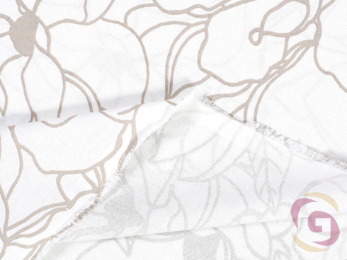 Bavlněné plátno SIMONA - vzor 1028 světle béžové květy na bílém