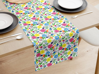 Bavlněný běhoun na stůl - vzor barevné květiny na bílém