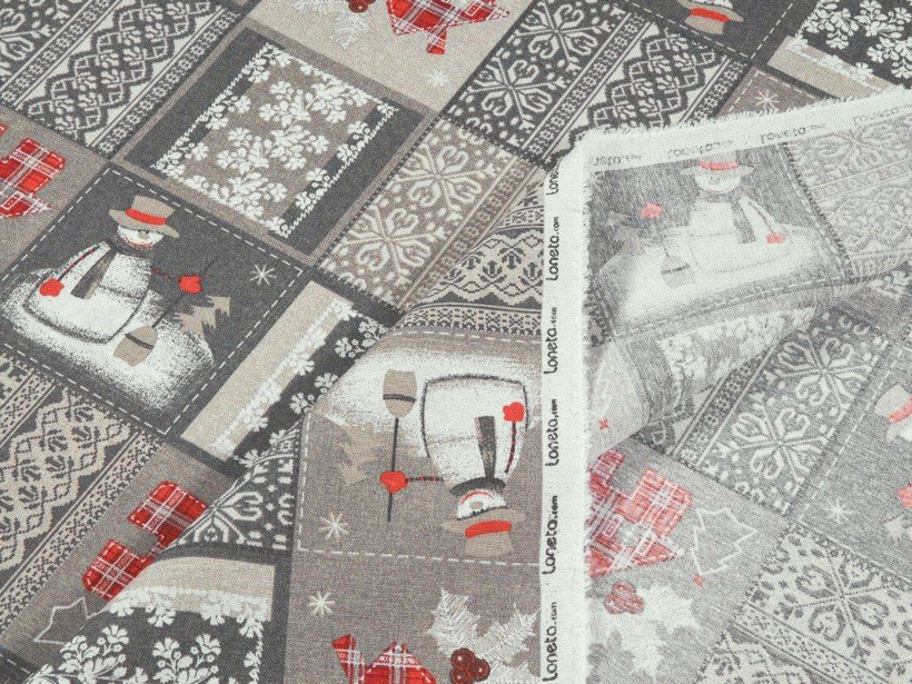Vánoční dekorační látka Loneta - sněhuláci na šedém