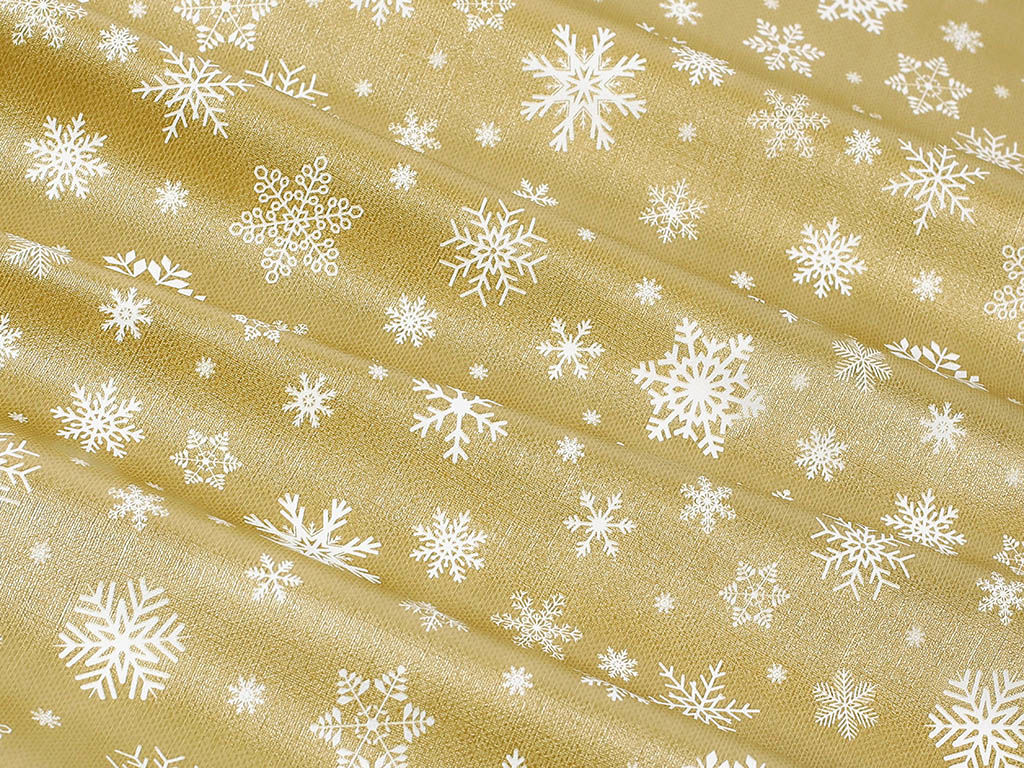 PVC ubrusovina s textilním podkladem - sněhové vločky na zlatém