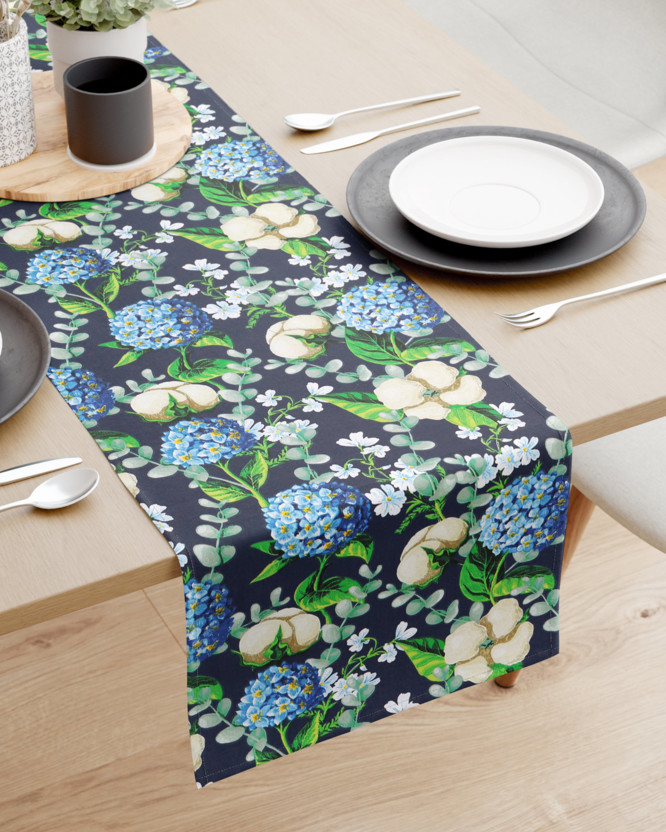 Běhoun na stůl 100% bavlněné plátno - hortenzie s květy bavlníku