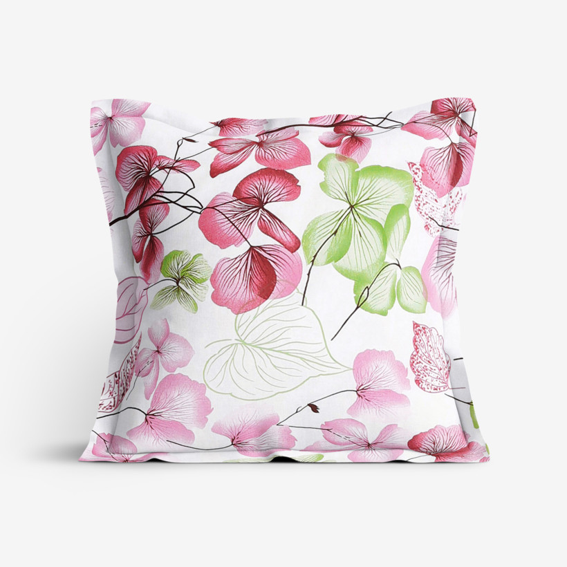 Bavlněný povlak na polštář s ozdobným lemem - růžovo-zelené květy s listy