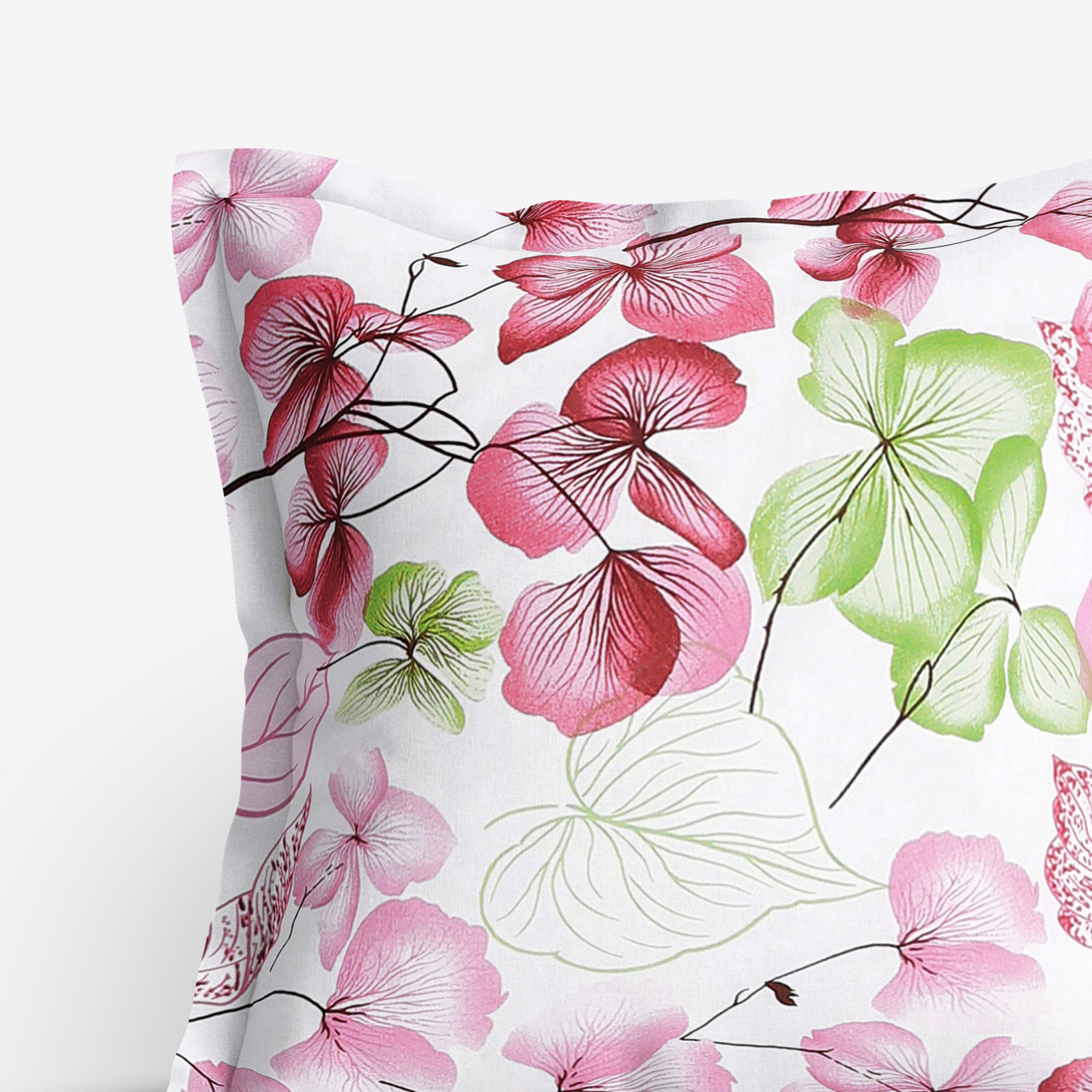 Bavlněný povlak na polštář s ozdobným lemem - růžovo-zelené květy s listy