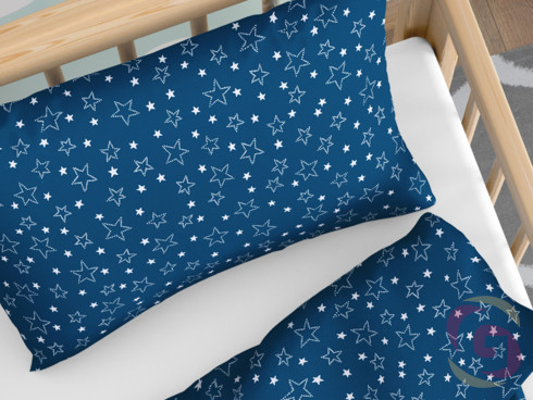 Vánoční bavlněné povlečení do dětské postýlky - vzor X-16 bílé hvězdičky na modrém