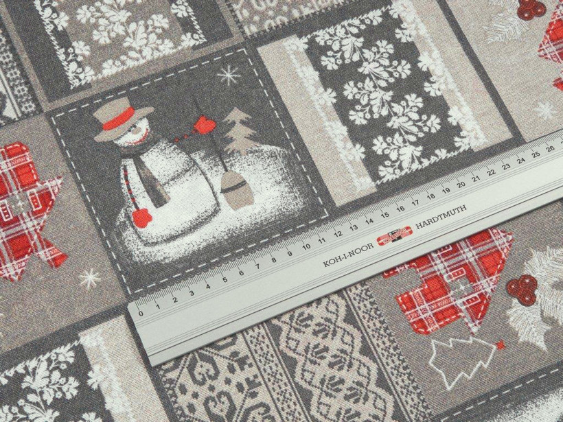 Vánoční dekorační látka Loneta - sněhuláci na šedém