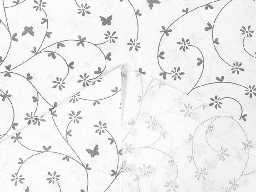 Bavlněné plátno - šedé kytičky a motýlci na bílém