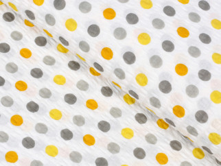 Bavlněný krep - vzor 532 žluto-oranžové a šedé puntíky - metráž š. 145cm