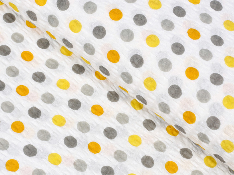 Bavlněný krep - žluto-oranžové a šedé puntíky