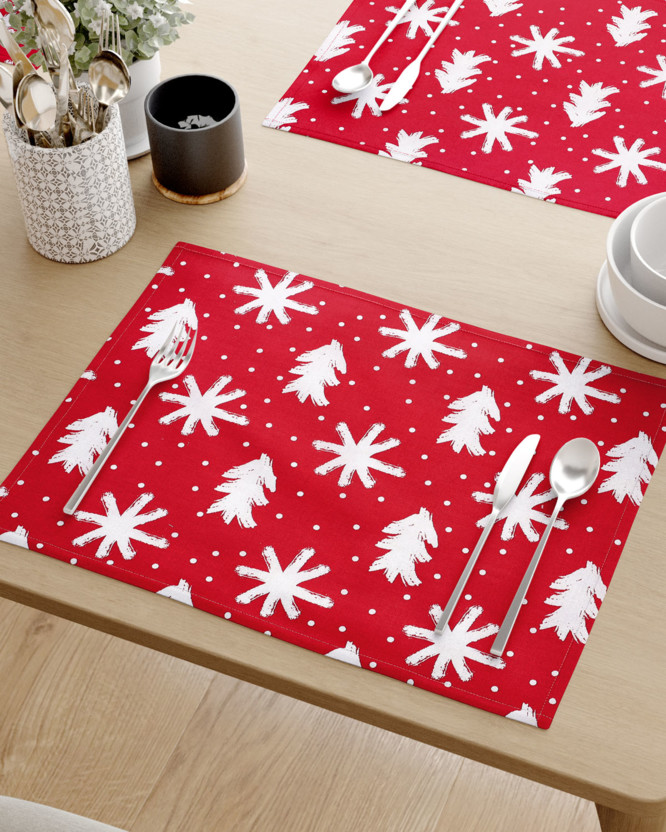 Vánoční prostírání na stůl 100% bavlněné plátno - vločky a stromečky na červeném - sada 2ks