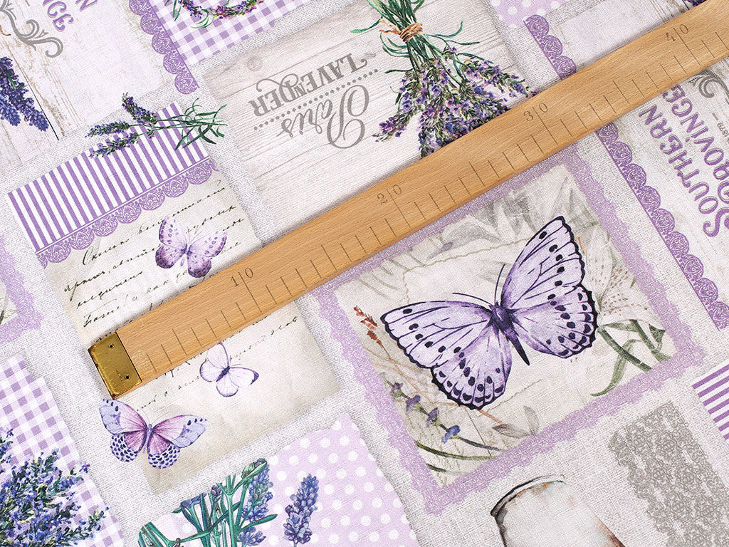 Teflonová látka na ubrusy - patchwork levandulí s motýli