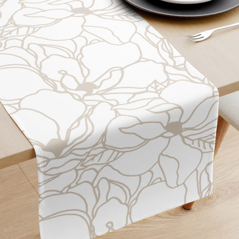 Běhoun na stůl 100% bavlněné plátno - světle béžové květy na bílém