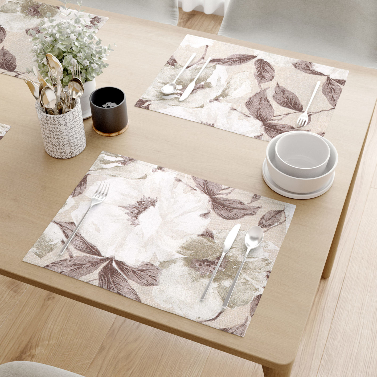 Prostírání na stůl Loneta - bílé a hnědé květy s listy - sada 2ks