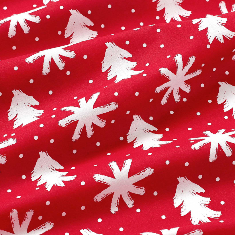 Vánoční kulatý ubrus 100% bavlněné plátno - vločky a stromečky na červeném