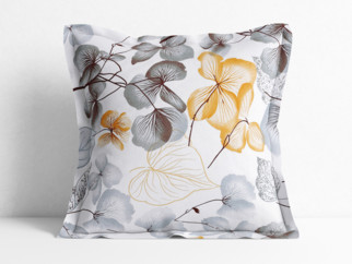 Bavlněný povlak na polštář s ozdobným lemem - šedo-hnědé květy s listy
