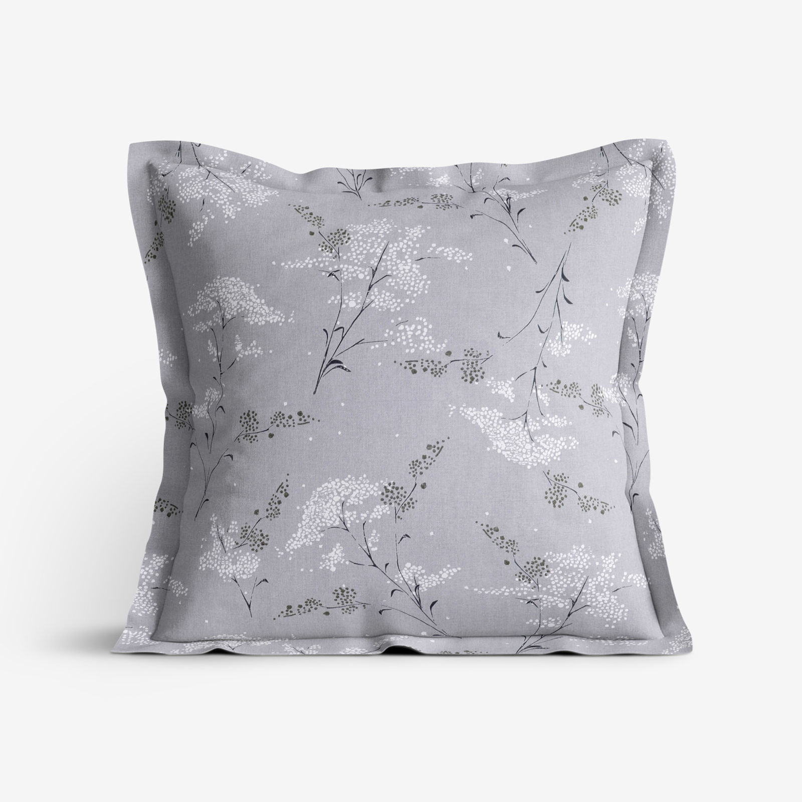 Bavlněný povlak na polštář s ozdobným lemem - japonské květy na šedém