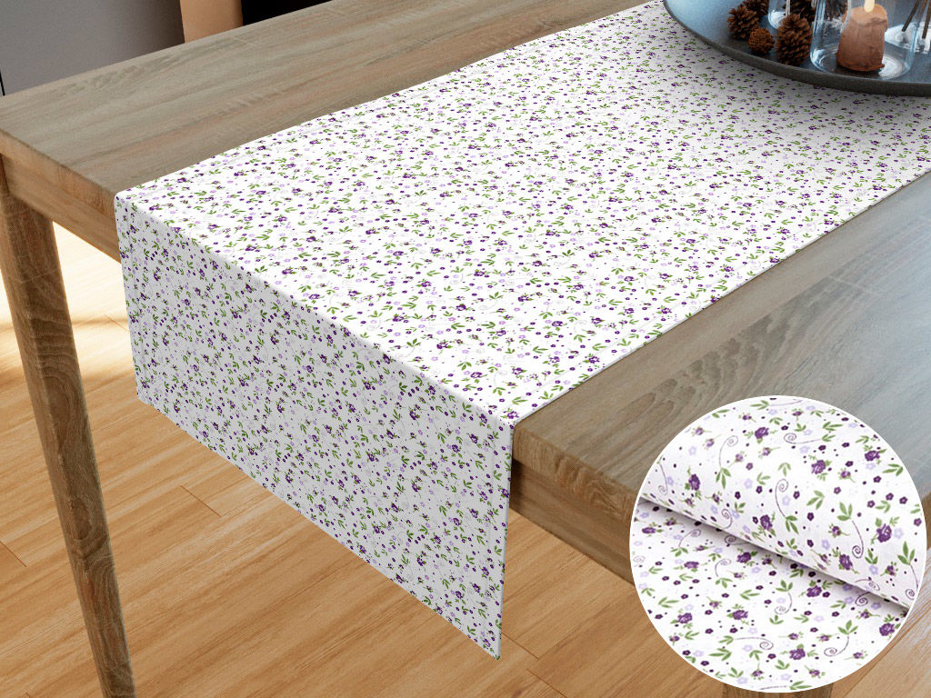 Běhoun na stůl 100% bavlněné plátno - fialové růžičky na bílém