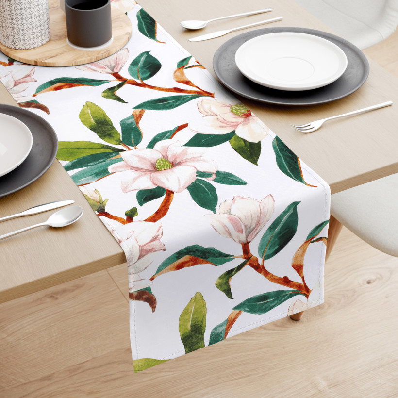 Běhoun na stůl 100% bavlněné plátno - magnolie s listy
