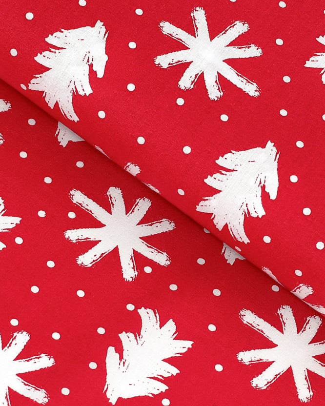 Vánoční bavlněné plátno - vločky a stromečky na červeném