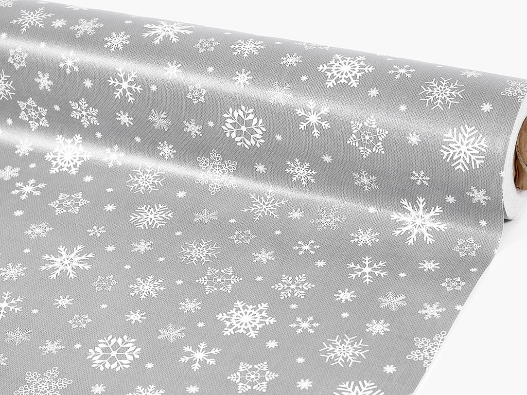 PVC ubrusovina s textilním podkladem - sněhové vločky na šedém