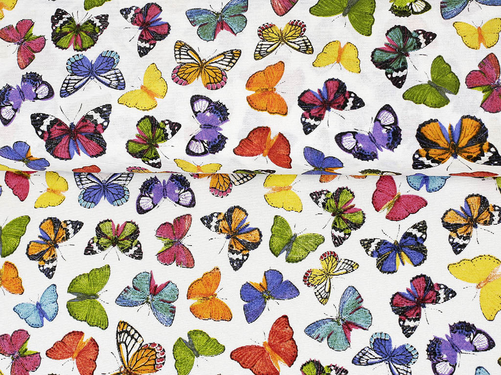 Dekorační látka Verona - barevní motýlci na bílém
